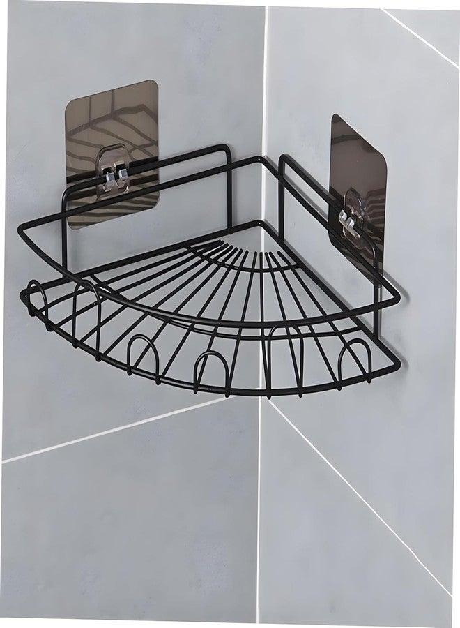 Pathavi Wall-Mounted Corner Shower Shelf Rack - No-Drill Adhesive Bathroom Organizer Basket with Hooks, Rustproof Metal Storage for Toiletries & Accessories (Black) - Image 1